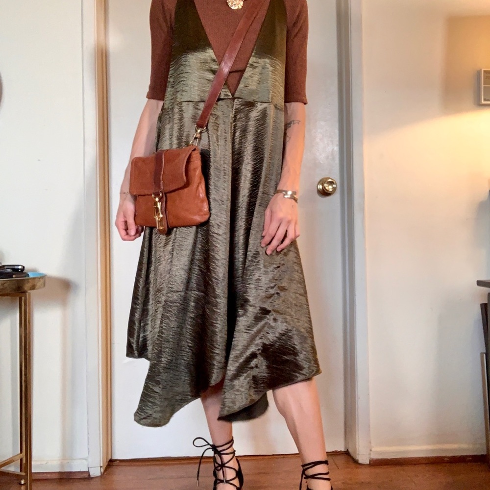 Deep-V Metallic Olive Green Midi Dress by Maeve - Picture 4 of 15